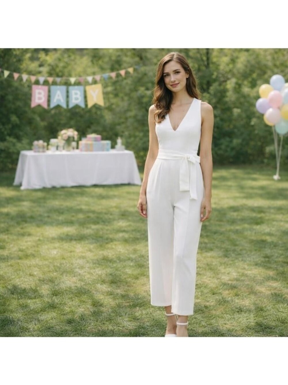 Calvin Klein Womens White Sleeveless Belted Wide-Leg Jumpsuit Size 8 MSRP $129